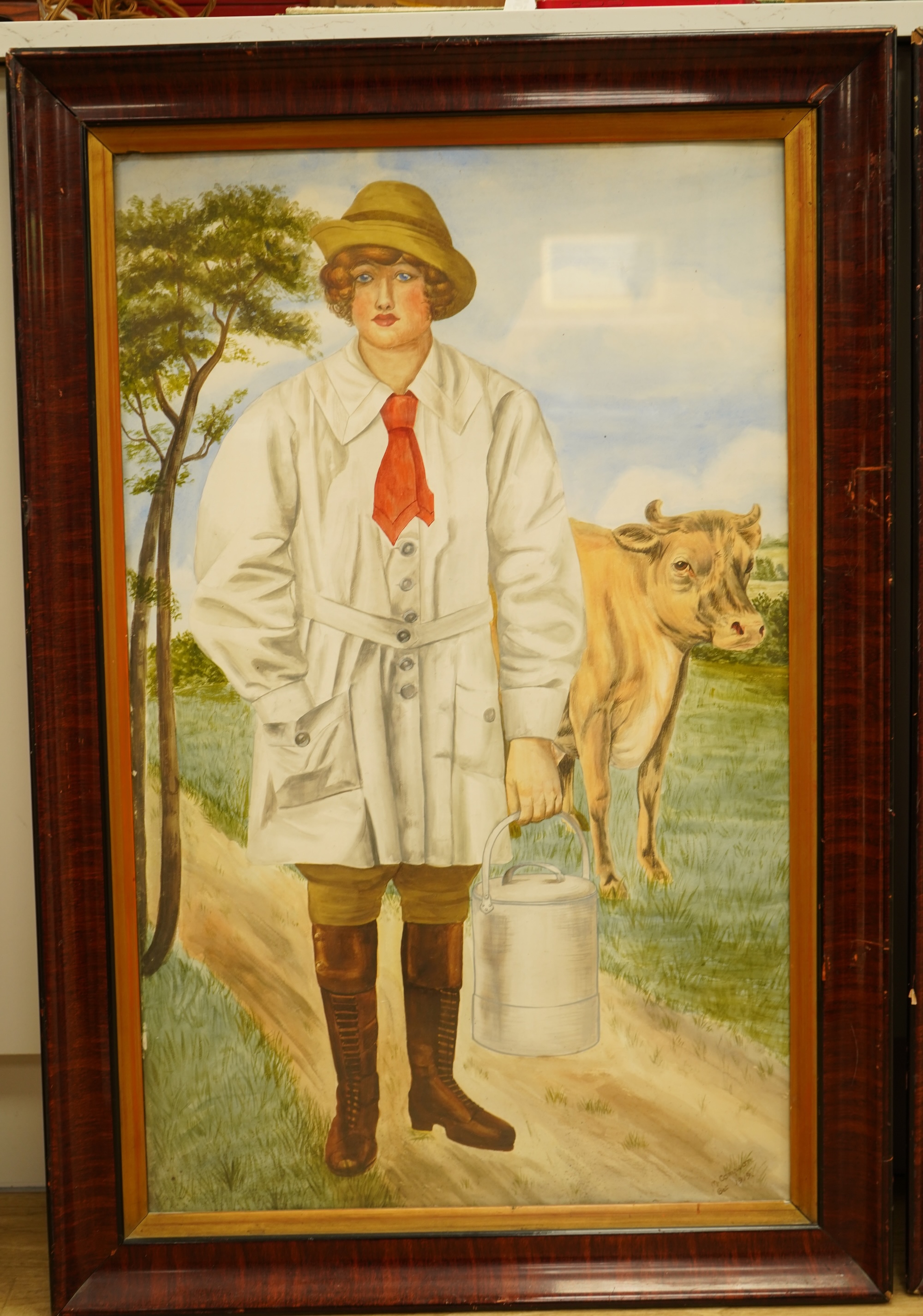 M. Compson, Studies of dairymaids before cattle, each signed and dated Jan 1919 and Oct 1919, pair of watercolours, 74 x 45cm